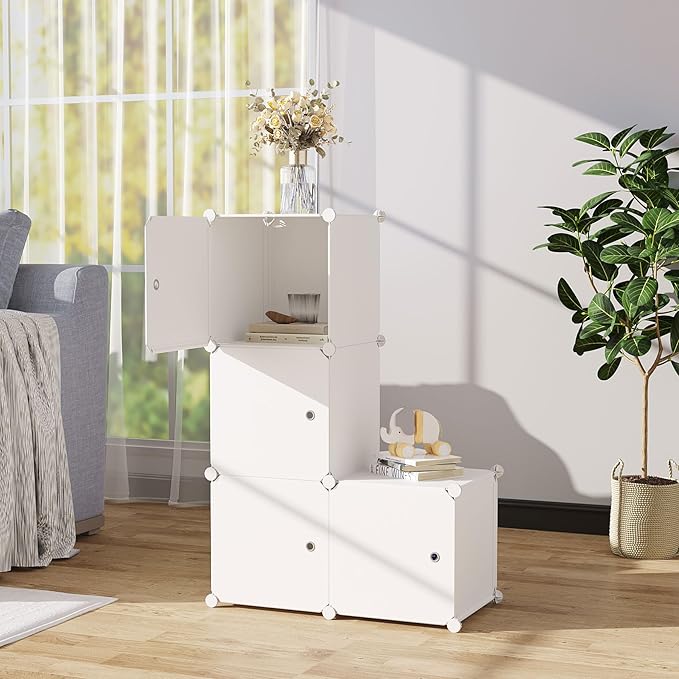 C&AHOME Cube Storage Organizer with Doors, 4-Cube Shelves, Closet Cabinet, DIY Plastic Modular Bookshelf Ideal for Bedroom, Living Room, 24.8" L x 12.4" W x 24.8" H Milky USHS04M-DOOR - LeafyLoom
