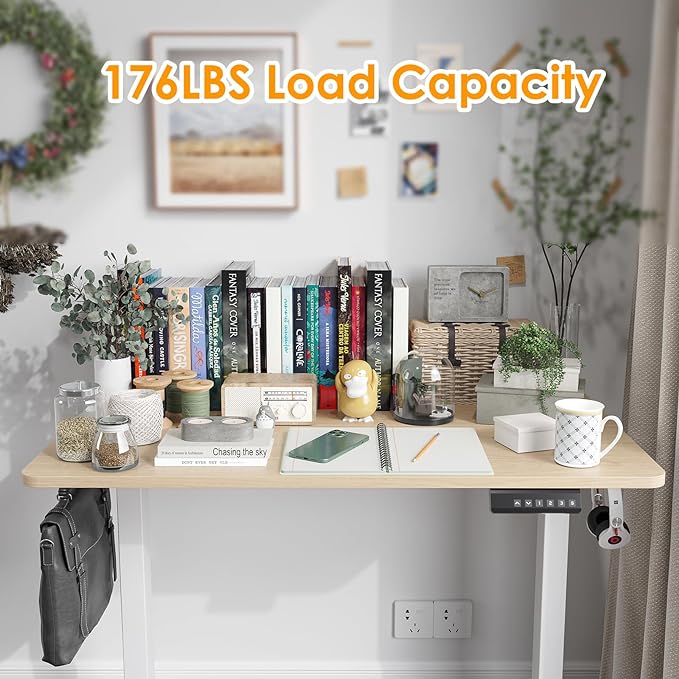 STARY Electric Adjustable Height Sit Stand Home Office Desk with Splice Board, 40x24, Castin Oak Desktop/White Frame - LeafyLoom