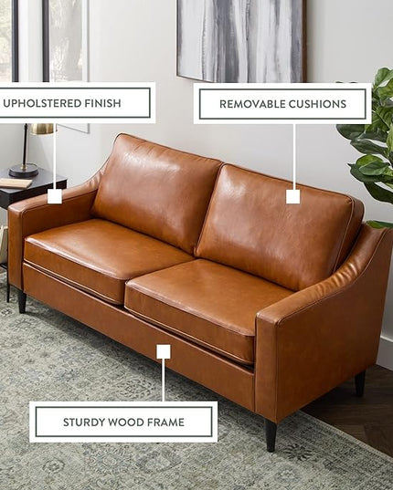 Edenbrook Jensen Upholstered Couch - Couches for Living Room - Camel Faux Leather Couch - Living Room Furniture - Small Couch - Seats Three - Scoop Arm Modern Couch - LeafyLoom