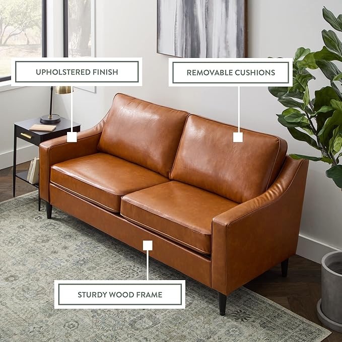 Edenbrook Jensen Upholstered Couch - Couches for Living Room - Camel Faux Leather Couch - Living Room Furniture - Small Couch - Seats Three - Scoop Arm Modern Couch - LeafyLoom