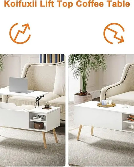 Coffee Table Lift Top - White Coffee Table with Lifting Top and Hide Compartment Storage - Lift Coffee Table Rectangle - Wood Coffee Tables for Living Room - LeafyLoom