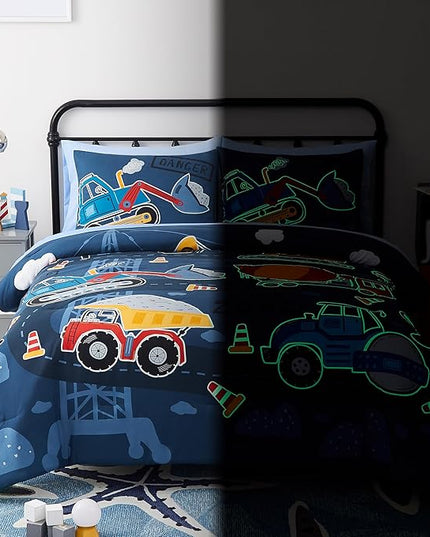 Truck Tractor Excavator Full Size Comforter Sets - Bedding Sets Full 7 Pieces for Boys, Glow in The Dark Bed in A Bag Full Size for Kids, Teens - LeafyLoom