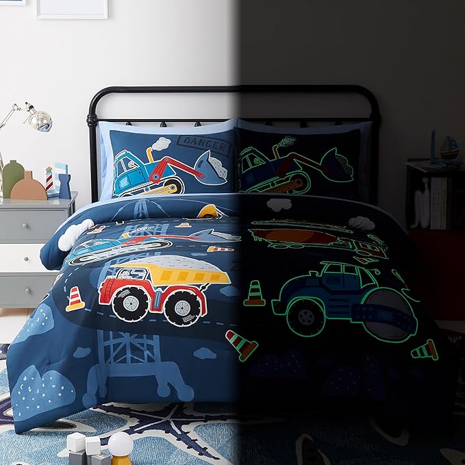 Truck Tractor Excavator Full Size Comforter Sets - Bedding Sets Full 7 Pieces for Boys, Glow in The Dark Bed in A Bag Full Size for Kids, Teens - LeafyLoom