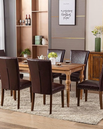 COLAMY Upholstered Parsons Dining Chairs Set of 6, PU Leather Dining Room Kitchen Side Chair with Nailhead Trim and Wood Legs - Dark Brown - LeafyLoom