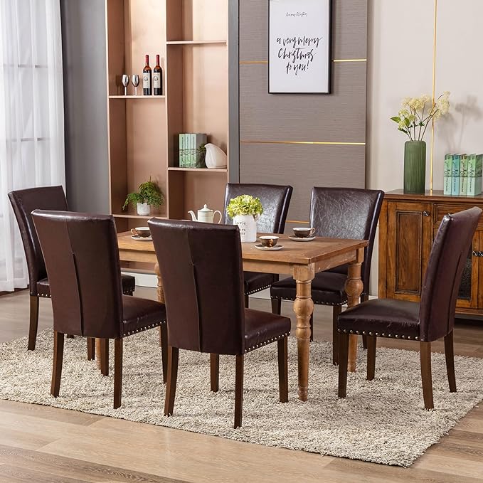 COLAMY Upholstered Parsons Dining Chairs Set of 6, PU Leather Dining Room Kitchen Side Chair with Nailhead Trim and Wood Legs - Dark Brown - LeafyLoom