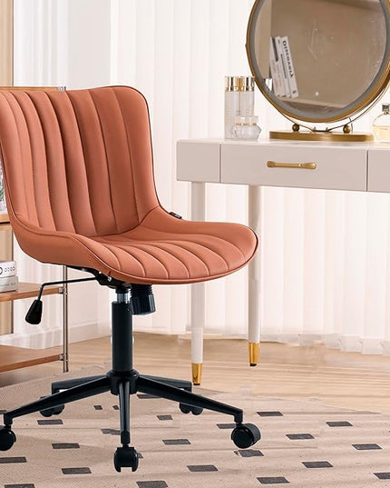 YOUNIKE Pink Office Chair Armless, PU Leather Computer Task Chair, Cute Swivel Adjustable Home Desk Chair, Small Vanity Chiar with Wheels Mid Backrest 300LBS - LeafyLoom
