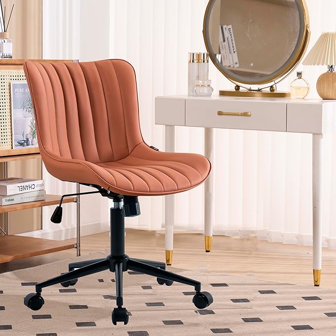 YOUNIKE Pink Office Chair Armless, PU Leather Computer Task Chair, Cute Swivel Adjustable Home Desk Chair, Small Vanity Chiar with Wheels Mid Backrest 300LBS - LeafyLoom
