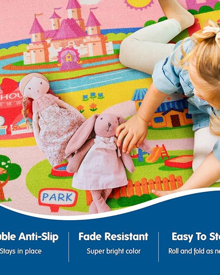 Enchanting Children's Pink Castle Rug with Cartoon Park-Flower,Shoes,Clothes,House Design-Perfect for Imaginative Play-Cozy Princess Rug-Ideal for Playrooms and Bedrooms-Safe & Fun kids rug non skid - LeafyLoom