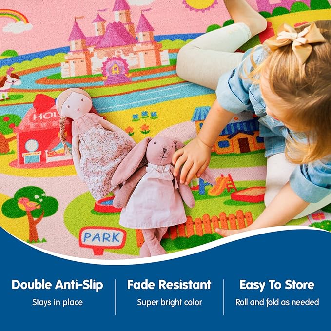 Enchanting Children's Pink Castle Rug with Cartoon Park-Flower,Shoes,Clothes,House Design-Perfect for Imaginative Play-Cozy Princess Rug-Ideal for Playrooms and Bedrooms-Safe & Fun kids rug non skid - LeafyLoom