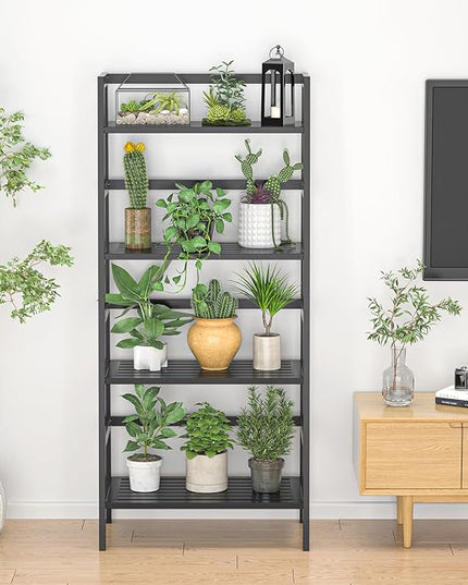 Homykic Bamboo Bookshelf 4-Tier Ladder Shelf, 49.2” Freestanding Open Bookcase Book Shelf Bathroom Storage Shelf Unit Plant Stand for Small Space, Living Room, Bedroom, Home Office, Black - LeafyLoom