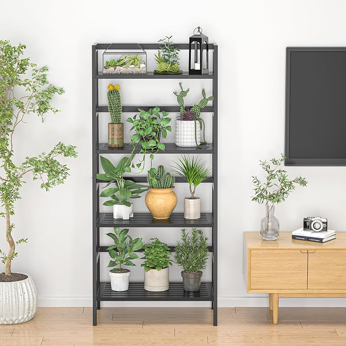 Homykic Bamboo Bookshelf 4-Tier Ladder Shelf, 49.2” Freestanding Open Bookcase Book Shelf Bathroom Storage Shelf Unit Plant Stand for Small Space, Living Room, Bedroom, Home Office, Black - LeafyLoom