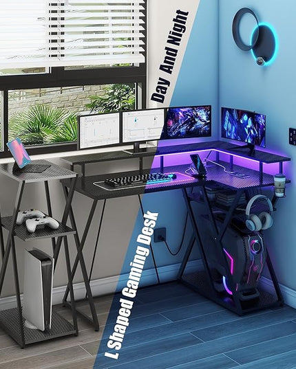 47 Inch L Shaped Gaming Desk L Desk Gaming Desk with Led Lights Computer Desk with Power Outlets Gaming Table Corner Desk for Bedroom Small Desk for Home Office,Black - LeafyLoom