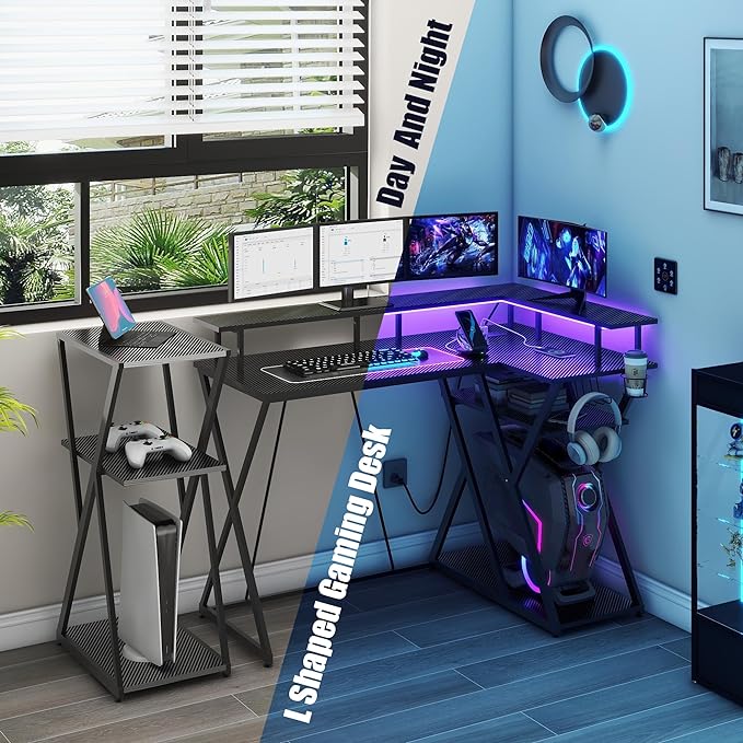 47 Inch L Shaped Gaming Desk L Desk Gaming Desk with Led Lights Computer Desk with Power Outlets Gaming Table Corner Desk for Bedroom Small Desk for Home Office,Black - LeafyLoom