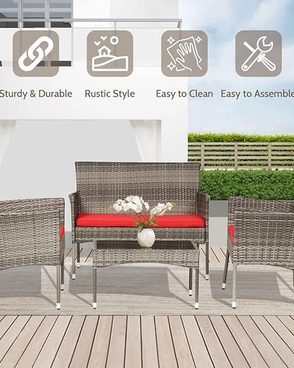 FDW 4 Pieces Outdoor Furniture Set Patio Conversation Set Wicker with Rattan Chair Loveseats Coffee Table for Outdoor Indoor Garden Backyard Porch Poolside Balcony,Gray Wicker/Red Cushions - LeafyLoom