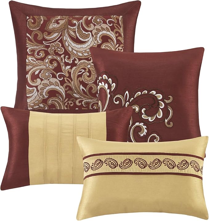 Madison Park Essentials Brystol 24 Piece Room in a Bag Faux Silk Comforter Jacquard Paisley Design Matching Curtains Down Alternative Hypoallergenic All Season Bedding-Set, King (104 in x 92 in), Red - LeafyLoom
