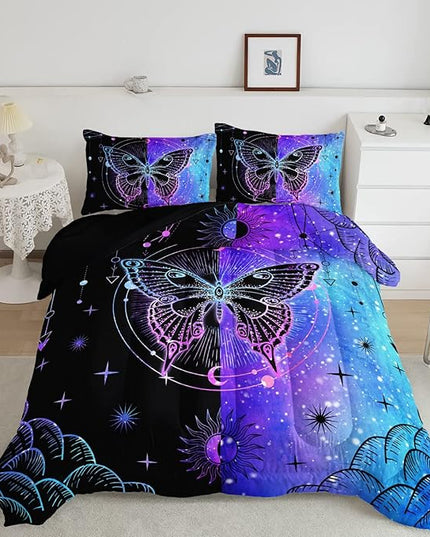 Datura home Black Blue Butterfly Comforter Set for Girls Women,Boho Butterfly Sun and Moon Mandala Printed Bedding Set with 2 Pillowcases(Black Blue Twin) - LeafyLoom