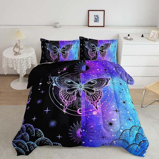 Datura home Black Blue Butterfly Comforter Set for Girls Women,Boho Butterfly Sun and Moon Mandala Printed Bedding Set with 2 Pillowcases(Black Blue Twin) - LeafyLoom