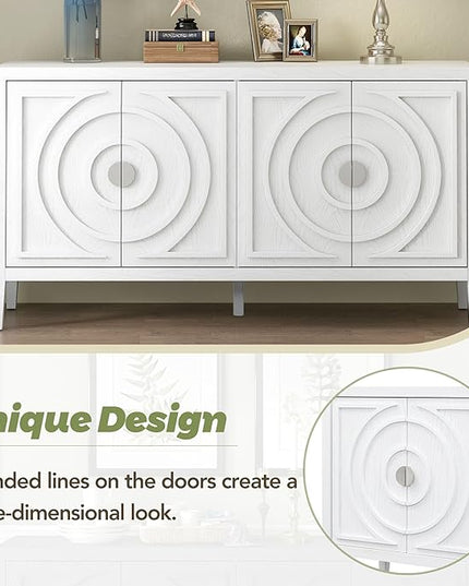 Retro Sideboard with Circular Groove Design Round Metal Door Handle,Wooden Buffet Cabinet,W/Adjustable Shelves & Open Countertop,for Entrance Living Dinning Room,White, 60" - LeafyLoom