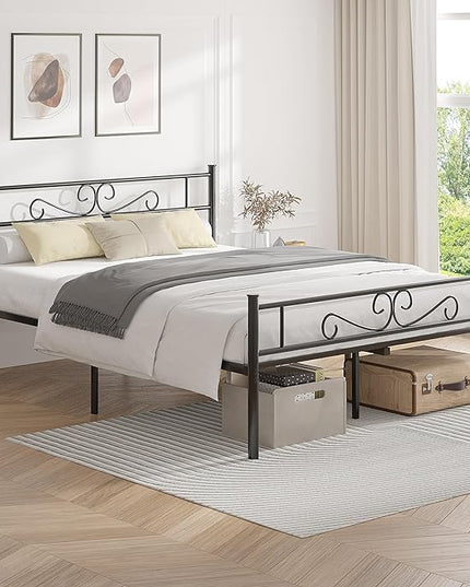 VECELO Queen Size Bed Frame with Headboard, 14 Inch Metal Platform Mattress Foundation, No Box Spring Needed, Squeak Resistant, Easy Assembly, Matte Black - LeafyLoom