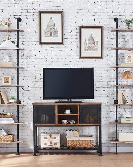 HOMBAZAAR Industrial Bookshelf, 7-Tier Industrial Pipe Bookshelf, Wall Mounted Ladder Shelves with Metal Frame for Home Office, Living Room, Oak Brown - LeafyLoom