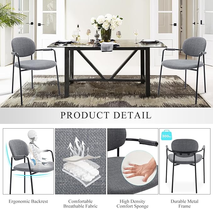 COLAMY Dining Chairs Set of 4, Fabric Dining Chairs Set of 4 with Arms, Upholstered Small Dining Armchairs with Back for Kitchen, Dining Room, Grey - LeafyLoom