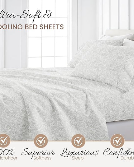 4 Piece California King Bedding Sheet Set (Gray Floral) - Sleep Better Than Ever with These Ultra-Soft & Cooling Bed Sheets for Your Cal King Size Bed - Deep Pocket Fits 16" Mattress - LeafyLoom