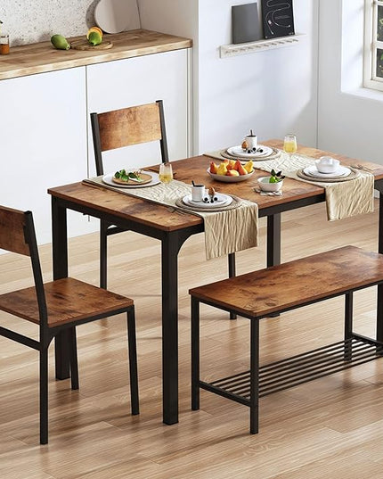 soges 4 Pieces Dining Table Set, 43.3 inch Kitchen Table Set for 4, Dining Set with 2 Chairs and Bench with Storage Rack, Nesting Furniture Set for Dining Room, Kitchen, Restaurant, Rustic Brown - LeafyLoom