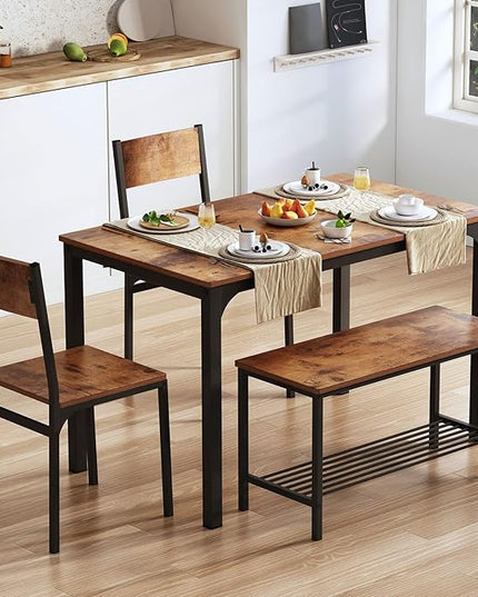 sogesfurniture 4-Piece Dining Table Set with 1 Bench and 2 Chairs, Kitchen Bench Table Set for 4, Wooden Kitchen Table and Chairs for Limited Space,Rustic Brown - LeafyLoom