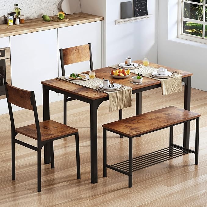 sogesfurniture 4-Piece Dining Table Set with 1 Bench and 2 Chairs, Kitchen Bench Table Set for 4, Wooden Kitchen Table and Chairs for Limited Space,Rustic Brown - LeafyLoom