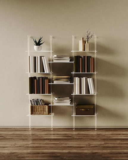 Acrylic Bookshelf, Wall Mounted, 4-Tier Clear Ladder Bookshelf with 11 Open Shelves, Multipurpose Bookcase for Living Room, Bathroom, Office, Modern, 9.5" D x 43.5" W x 59.4" H - LeafyLoom