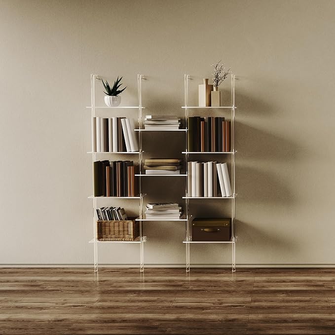Acrylic Bookshelf, Wall Mounted, 4-Tier Clear Ladder Bookshelf with 11 Open Shelves, Multipurpose Bookcase for Living Room, Bathroom, Office, Modern, 9.5" D x 43.5" W x 59.4" H - LeafyLoom