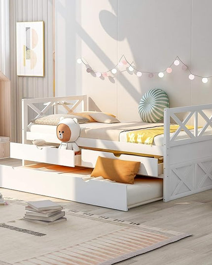 Twin Daybed with Storage Drawers and Trundle Bed, Wood Twin Size Captain’s Bed Frame for Bedroom Living Room Guest Room, White - LeafyLoom