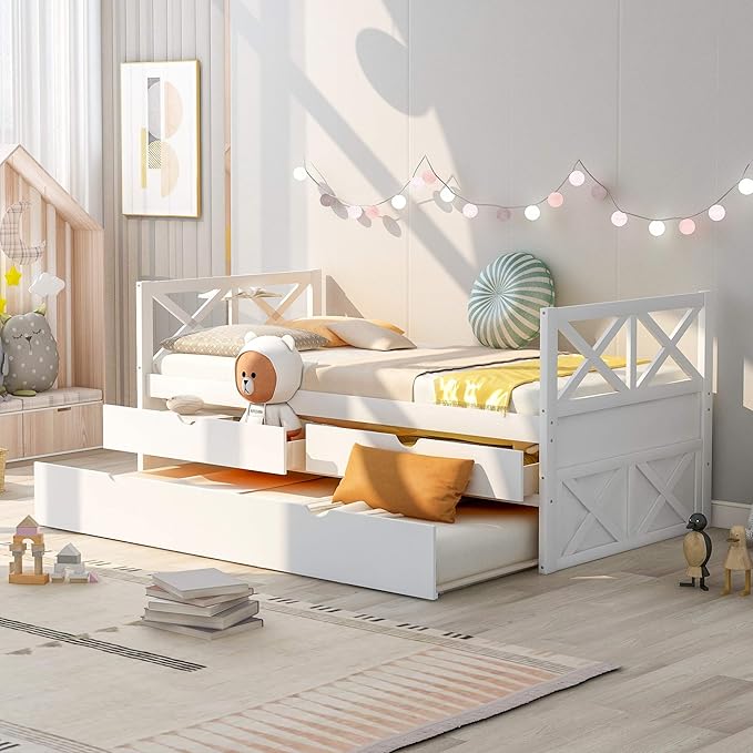 Twin Daybed with Storage Drawers and Trundle Bed, Wood Twin Size Captain’s Bed Frame for Bedroom Living Room Guest Room, White - LeafyLoom