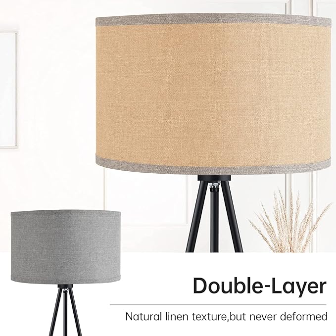 BoostArea Floor Lamp for Living Room, Tripod Floor Lamp, 15W LED Bulb, 3 Levels Dimmable Brightness, Gray Linen Lamp Shade, Mid Century Standing Lamp for Living Room, Bedroom, Study Room and Office - LeafyLoom