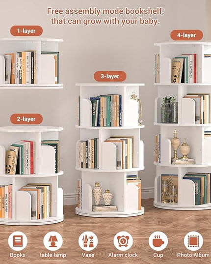 Rotating Bookshelf, Wood Corner Bookshelf, 360 Display Spinning Bookcase Storage Rack, 4 Tier Floor Standing Revolving Bookcase Narrow Book Shelf Organizer for Small Space, Bedroom, White - LeafyLoom