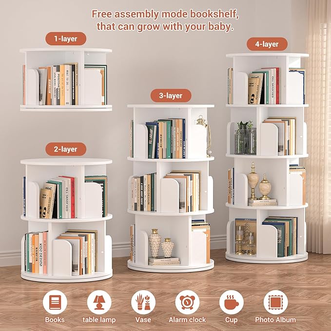 Rotating Bookshelf, Wood Corner Bookshelf, 360 Display Spinning Bookcase Storage Rack, 4 Tier Floor Standing Revolving Bookcase Narrow Book Shelf Organizer for Small Space, Bedroom, White - LeafyLoom