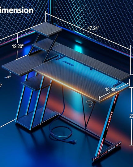 L Shaped Gaming Desk with LED Lights & Power Outlet, 47 Inch Computer Desk with Extra Storage Shelves, Reversible Gamer Workstations with Monitor Stand for Bedroom, Carbon Fiber Black - LeafyLoom