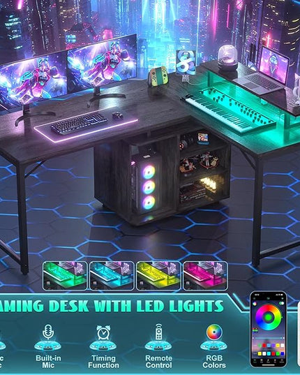 Cyclysio L Shaped Gaming Desk with Wood Cabinet, 58" Large Corner Desk with LED Lights & Power Outlet, Reversible Computer Desk with Monitor Stand, Home Office Desk 2 Person Corner Desk, Grey Oak - LeafyLoom