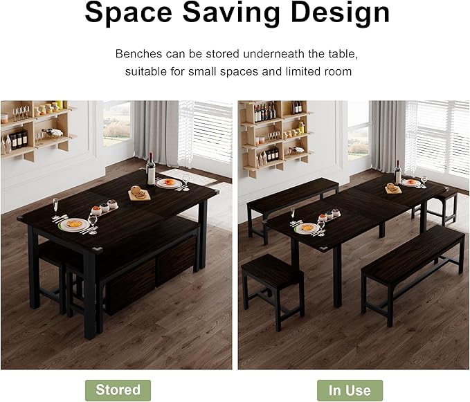 Feonase 5-Piece Dining Table Set for 4-8 People, 63" Extendable Kitchen Table Set with 2 Benches and 2 Square Stools, Dining Room Table with MDF Wood Board, Easy Clean, Espresso - LeafyLoom