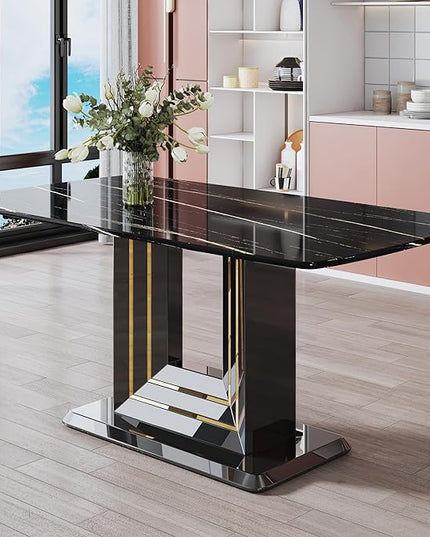 NicBex Dining Table Black Imitation Marble Pattern Desktop Black MDF Table Legs Gold Lines Black Base Suitable for Kitchen and Living Room, Black - LeafyLoom