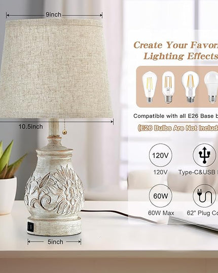 19.5'' Farmhouse Table Lamps for Bedrooms Set of 2 Vintage Bedside Lamps for Nightstand with USB Charging Ports Traditional Rusic Side Table Lamps for Living Room Wooden Carved Floral, Pull Chain - LeafyLoom
