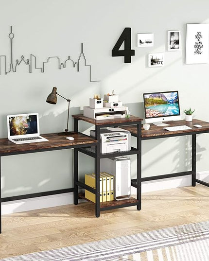 Tribesigns 96.9" Double Computer Desk with Printer Shelf, Extra Long Two Person Desk Workstation with Storage Shelves, Large Office Desk Study Writing Table for Home Office, Dark Brown - LeafyLoom