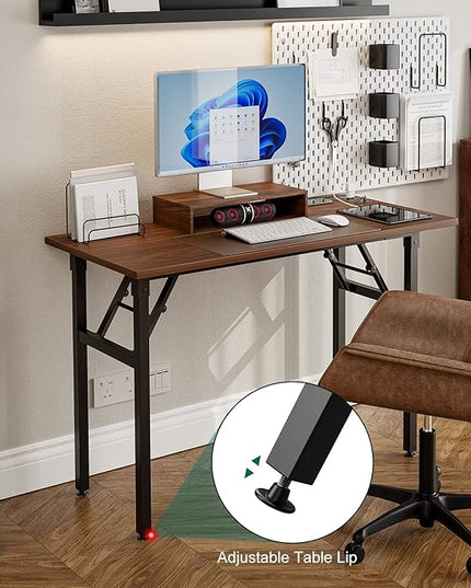Frylr Small Foldable Desk 43.3''X 19.6''X 29.5'',Foldable Table with 2 Power Sockets and 2.1A USB Charging Ports, Folding Computer Desk for Home Office, No Install Needed, Walnut + Black Leg - LeafyLoom