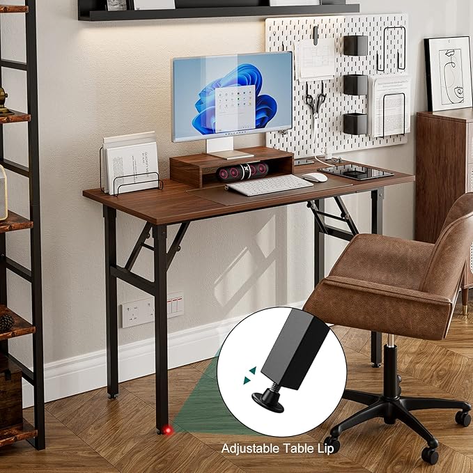 Frylr Small Foldable Desk 43.3''X 19.6''X 29.5'',Foldable Table with 2 Power Sockets and 2.1A USB Charging Ports, Folding Computer Desk for Home Office, No Install Needed, Walnut + Black Leg - LeafyLoom