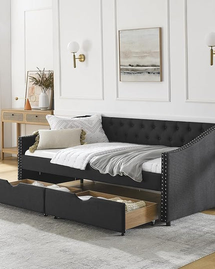 Twin Size Daybed with Two Storage Drawers, Linen Upholstered Tufted Sofa Bed w/Button on Back and Copper Nail on Waved Shape Arms, for Bedroom Living Room, No Box Spring Needed, Black - LeafyLoom