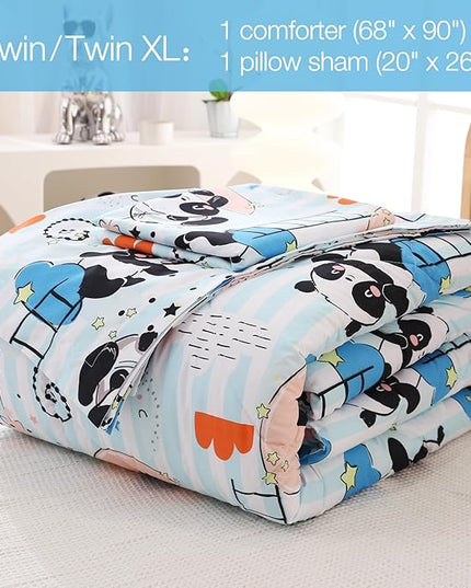 JSD Cute Panda Kids Comforter Set, 2 Pieces Twin Microfiber Comforter with Pillow Sham, Soft Comfortable Machine Washable - LeafyLoom