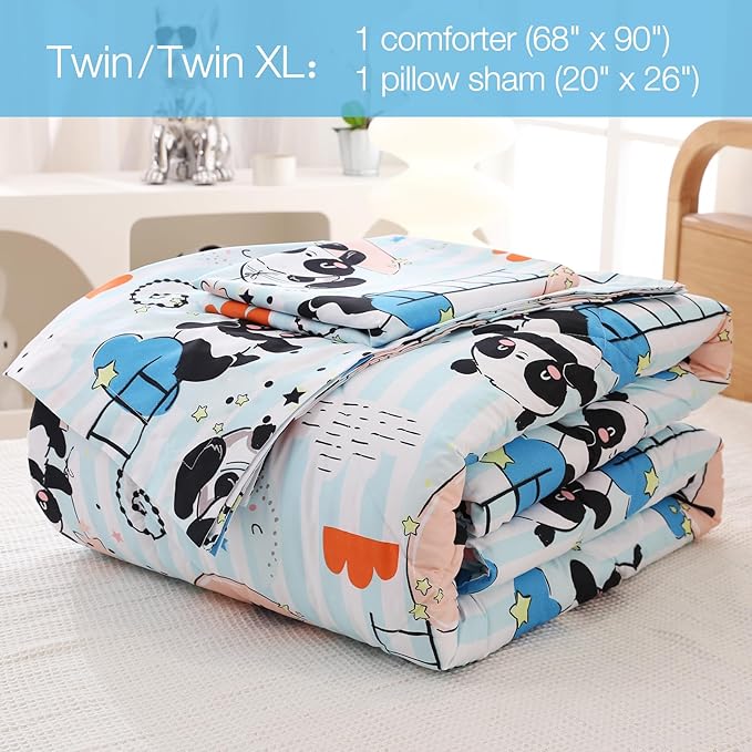 JSD Cute Panda Kids Comforter Set, 2 Pieces Twin Microfiber Comforter with Pillow Sham, Soft Comfortable Machine Washable - LeafyLoom