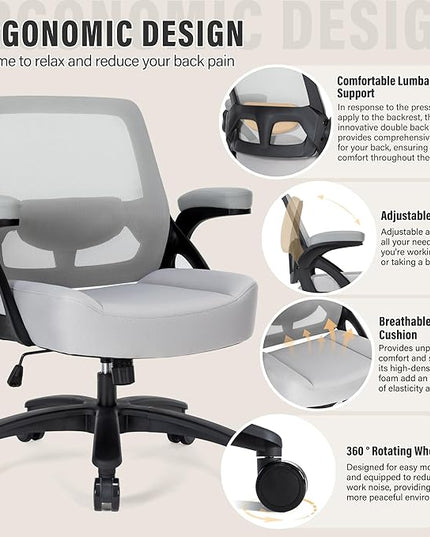 Big and Tall Office Chair 400lb- Mesh Ergonomic Heavy Duty Desk Chair- Flip Arms, Plus Size Wide Seat Executive Computer Chair for Large People- Home Office Swivel Rolling Task Chairs - LeafyLoom
