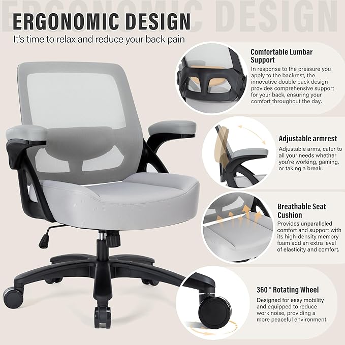 Big and Tall Office Chair 400lb- Mesh Ergonomic Heavy Duty Desk Chair- Flip Arms, Plus Size Wide Seat Executive Computer Chair for Large People- Home Office Swivel Rolling Task Chairs - LeafyLoom