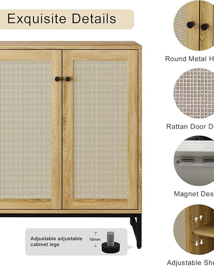 Sideboard Buffet Cabinet, Storage Cabinet with Double Rattan Doors, Modern Rattan Sideboard Cabinet, Kitchen Storage Cabinet with Metal Feet, for Entryway, Bedroom, Living Room (Natural Wood) - LeafyLoom
